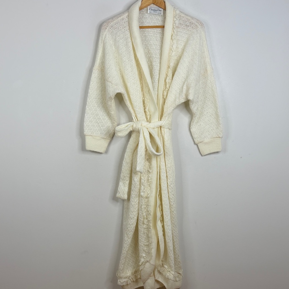 Vintage Christian Dior Robe Womens Small Cream Sweater Knit Lace Ruffle Gown